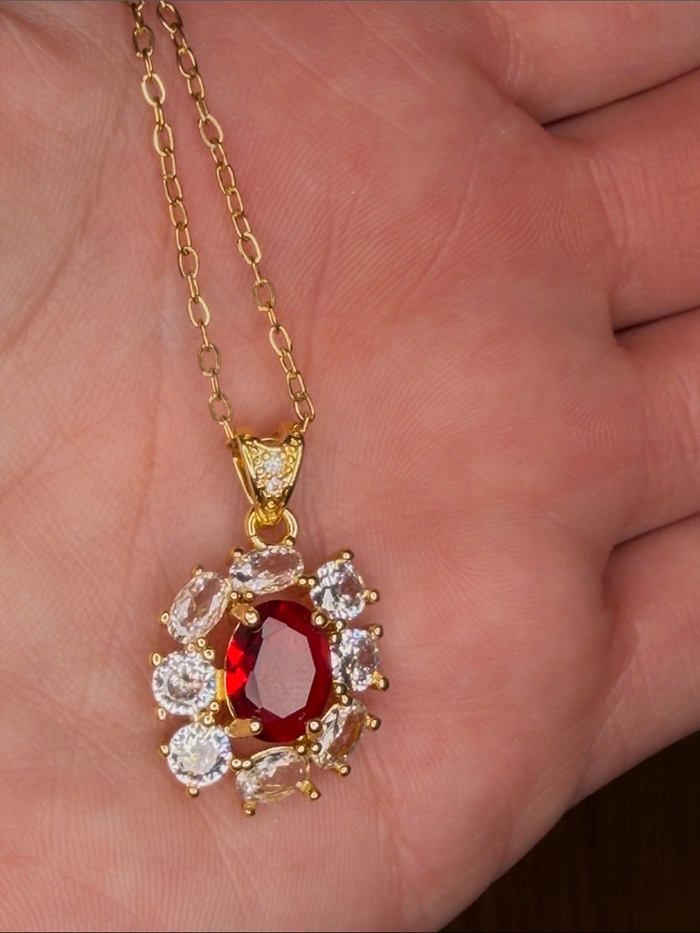 Gold-Tone Red Crystal Halo Pendant Necklace